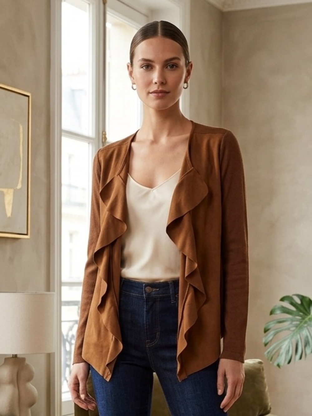 INC International Concepts Rust Brown Ruffled Open-Front Jacket